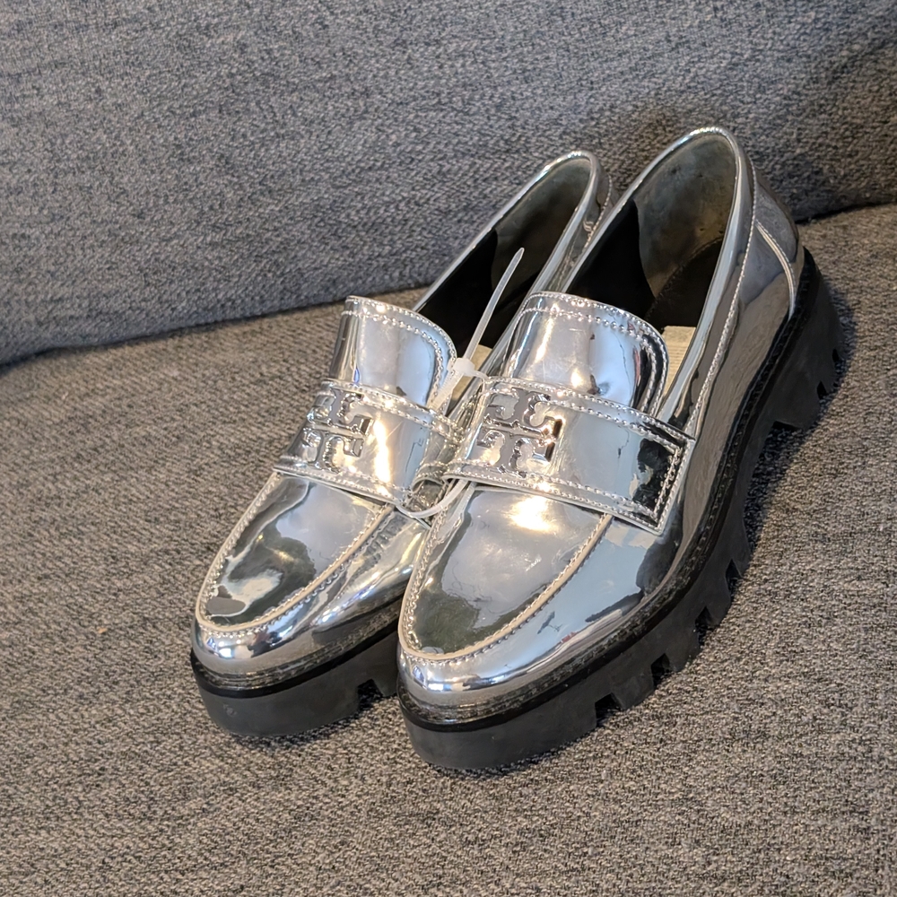 Tory Burch Silver Metallic Lug Sole Loafers